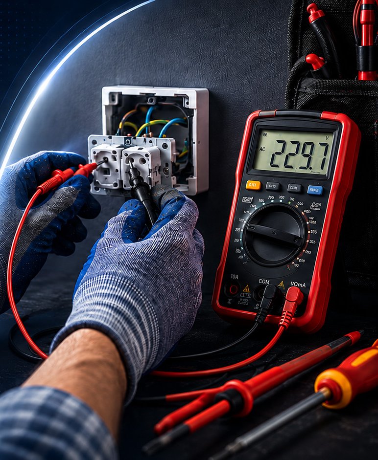 Priz montajı yapan ve ölçüm alan elektrik teknisyeni